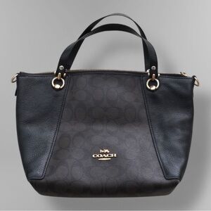 Coach Kacey Satchel Signature C Canvas Brown Black Leather Trim Designer Handbag
